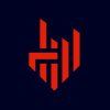 Red geometric fox head icon on dark blue background.