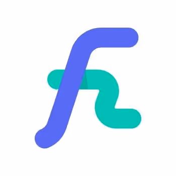 Abstract logo with a blue curved shape crossing a green curved shape.